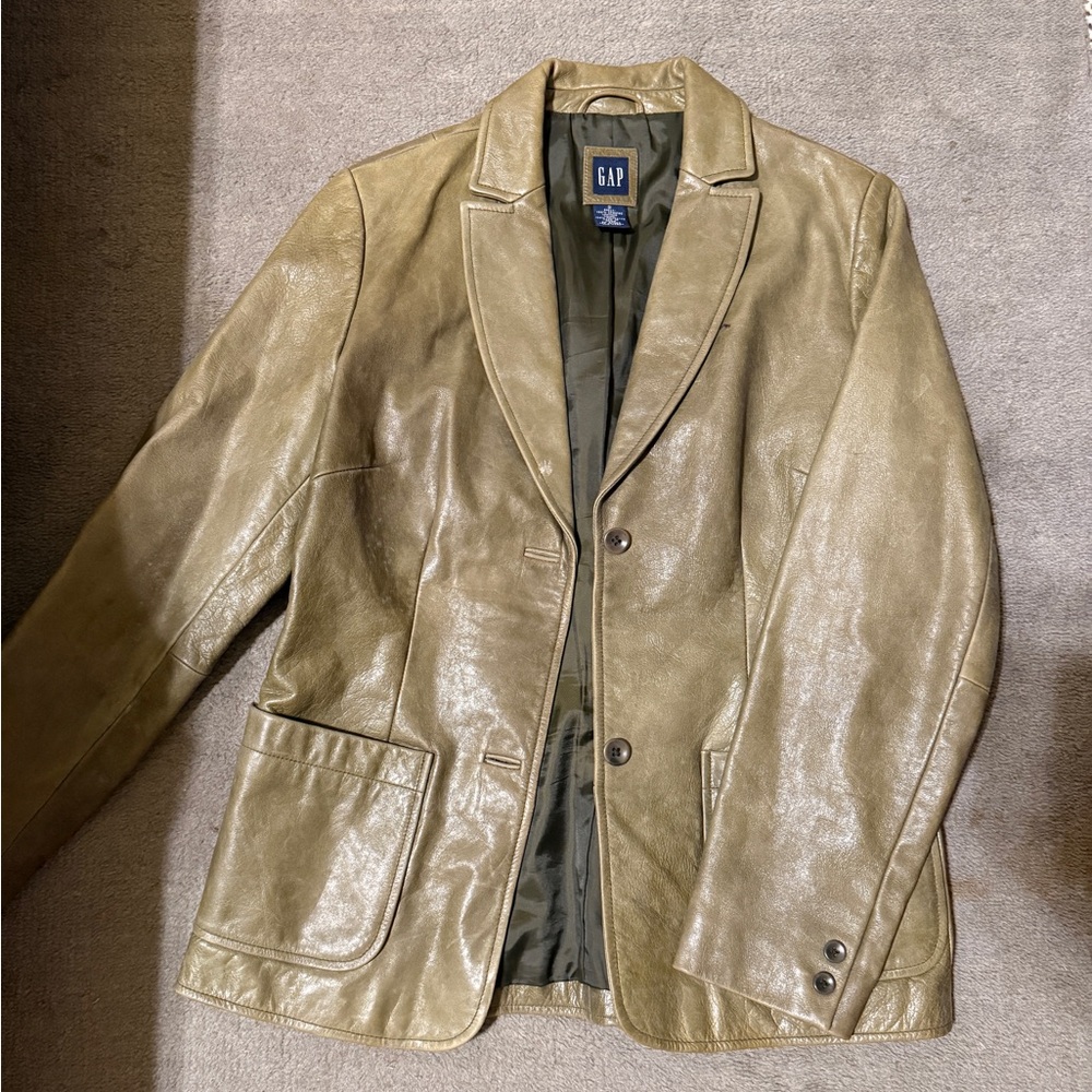 GAP Vintage Olive Green Leather Blazer Jacket Women’s Size Small